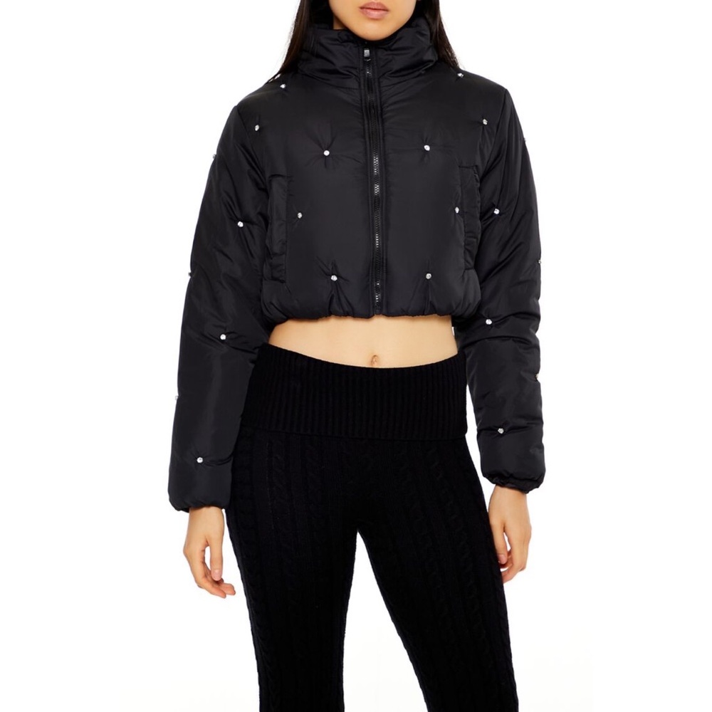 Black Faux Gem Cropped Puffer Jacket